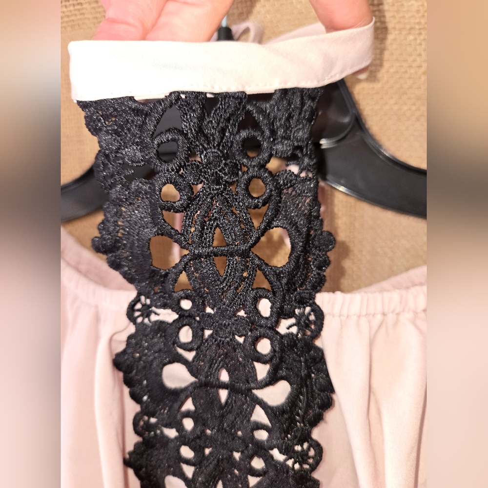Women's Women's Mia Belle Girls Top Pink  with Black Lace Halter Size Small - Picture 2 of 8